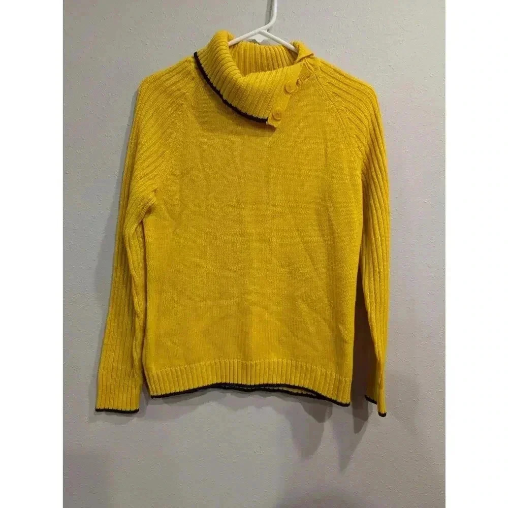 Women's yellow sweater w/button collar detail and navy stripe hem, Mountain Lake